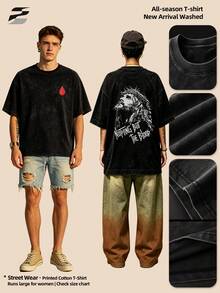 230g gewaschenes, doppelseitig bedrucktes Kurzarm-Shirt, Rundhalsausschnitt, entspannte Passform, lässiges T-Shirt, weiches, leichtes, vielseitiges Basic-Top für den täglichen Gebrauch. - Schwarz - Übersicht 3