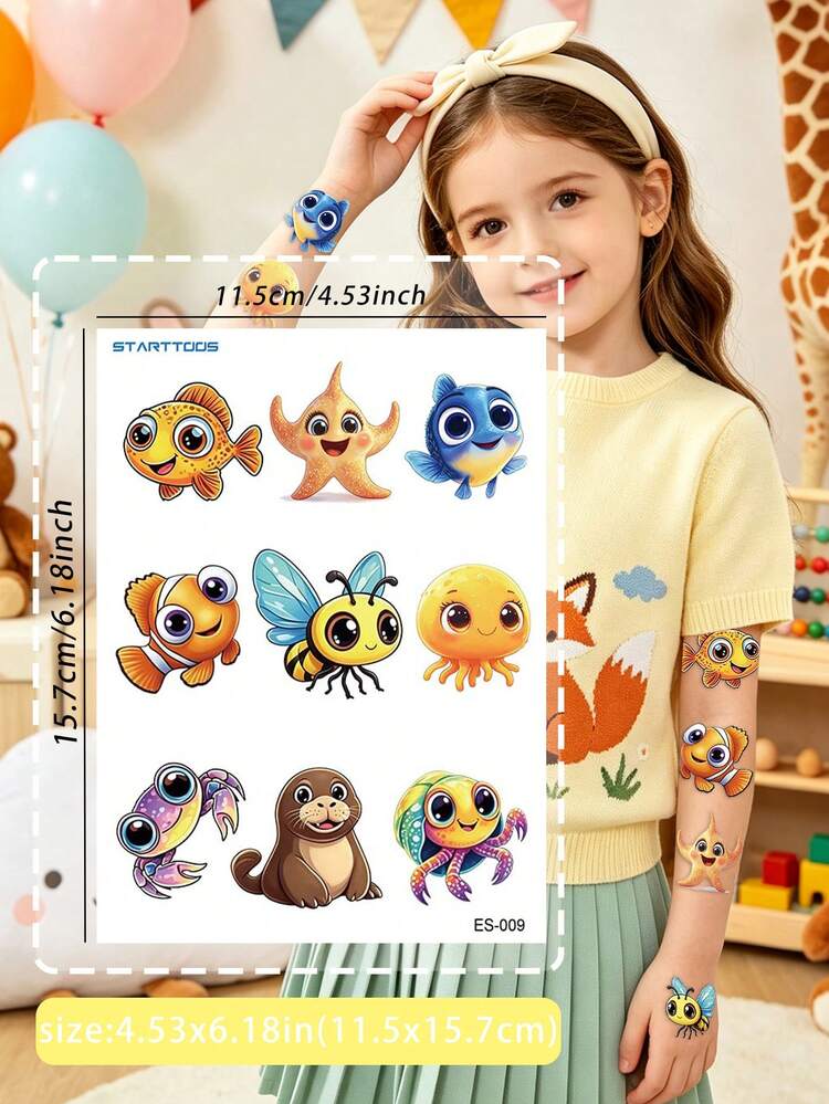 STARTTOOS 4 Sheets 36pcs Cartoon Cute Jungle Ocean Insect Small Animal Combination Pattern Temporary Tattoo Stickers, Suitable For Children DIY Birthday Party Christmas Gift Holiday Activity Waterproof Realistic Tattoo Stickers - Multicolor - View 9
