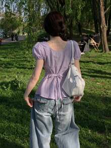 Sweet Round Neck Bow Tie Waist Cinched Puff Short Sleeve Blouse Top For Women Summer - Mauve Purple - View 5
