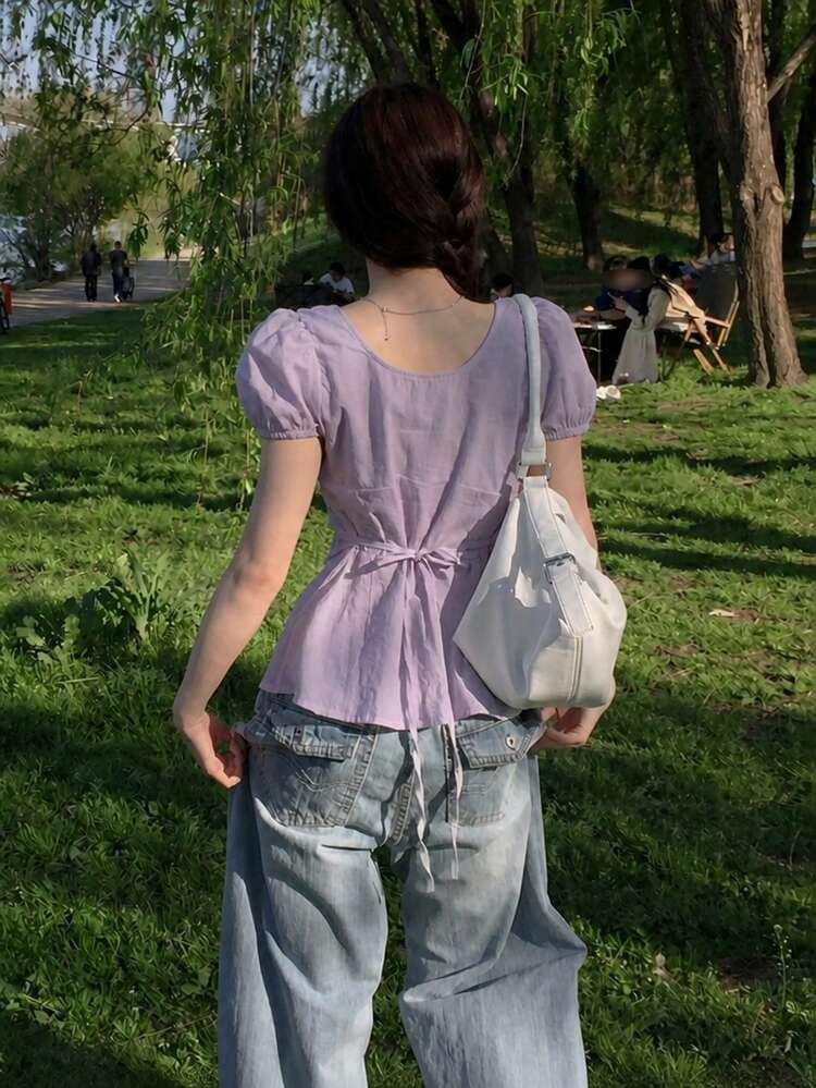 女款甜美圓領蝴蝶結收腰泡泡短袖上衣 夏季 - 淡紫色 - 查看 5