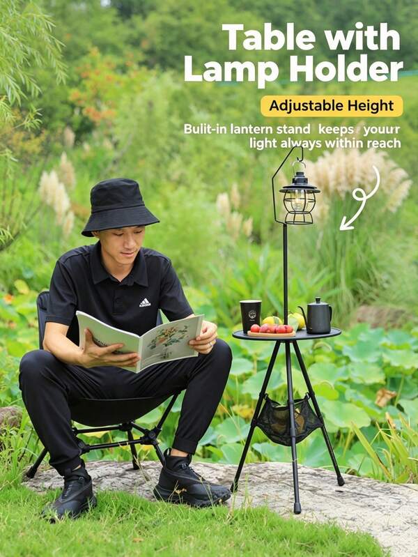 1 Stück faltbarer dreieckiger runder Outdoor-Tisch mit Lichtmast, tragbarer leichter Camping-Tisch aus Aluminiumlegierung mit Camping-Lichthalterung