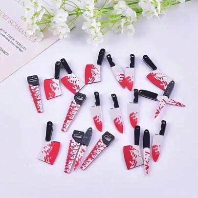 8pcs (Random Style) Flat Acrylic Halloween Novelty Funny Knife Acrylic Jewelry Pendant Earrings Necklace Accessories Mini Cleaver Saw Hair Clip, Novel Halloween Party Gift, Funny Gift For Girls