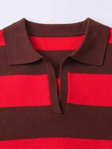DEEKA Autumn/Winter New Women's European And American Style Fashion Striped Polo Collar Knit Sweater Red Fall - Red - View 4