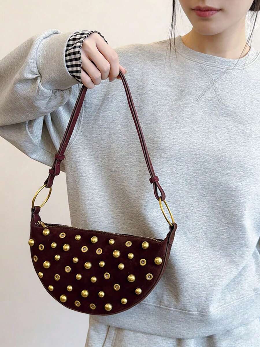 Steampunk Style Mushroom Stud Asymmetrical Shoulder Bag For Women - Burgundy - View 1