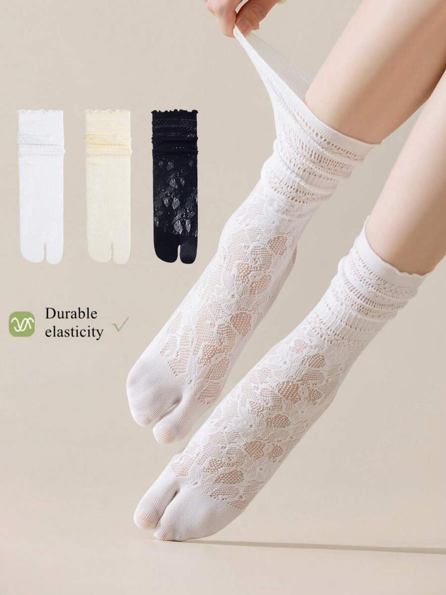 1/3 Pairs Of White Hollow Lace Socks, Spring And Summer Thin Two Toe Socks, Split Toe Socks, Women's Mid Leg Socks, Straight Leg Socks, - Multicolor - View 1