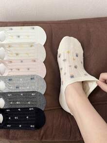 5/10 Pairs Women's Korean Style Heart & Floral Pattern Low-Cut Boat Socks, Thin Comfortable Invisible Ankle Socks (Cardboard Not Included) - Multicolor - View 4