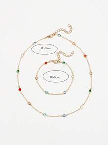 Vintage Colorful Round Rhinestone Necklace & Bracelet 2pcs Set, Niche Luxury Faux Gemstone Thin Chain Layered Collarbone Chain Jewelry Set For Women - Gold - View 6
