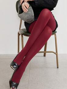 1 par de leggings/medias/calcetines de mujer vintage color burdeos sólido mate de alta elasticidad anti-enganche, versátiles y estilizantes, aptos para todas las estaciones, uso diario y estilismo de fiestas festivas - Multicolor - Ver 3