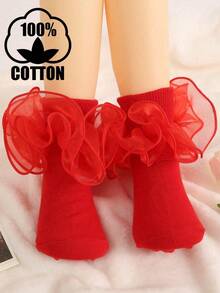 1 par de calcetines de tobillo de unicolor con volantes de encaje para niños y niñas de todas las estaciones, calcetines de princesa para bebés y niños pequeños - Rojo - Ver 9