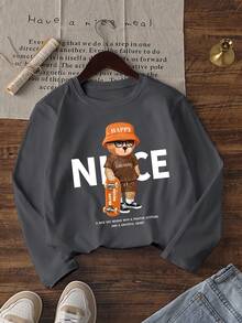3pcs/Set Tween Boys American Outdoor Cartoon Long Sleeve T-Shirt, Skateboard Bear Off-Road Camping Loose Base Layer Top For Spring And Autumn - Dark Grey - View 4