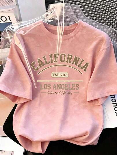 Sweet And Spicy Style Cherry Blossom Powder Tie Dye Short Sleeved Korean Slouchy California Letter Printed Loose T-Shirt For Women Ins Casual Summer