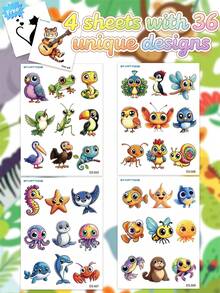STARTTOOS 4 Sheets 36pcs Cartoon Cute Jungle Ocean Insect Small Animal Combination Pattern Temporary Tattoo Stickers, Suitable For Children DIY Birthday Party Christmas Gift Holiday Activity Waterproof Realistic Tattoo Stickers - Multicolor - View 11