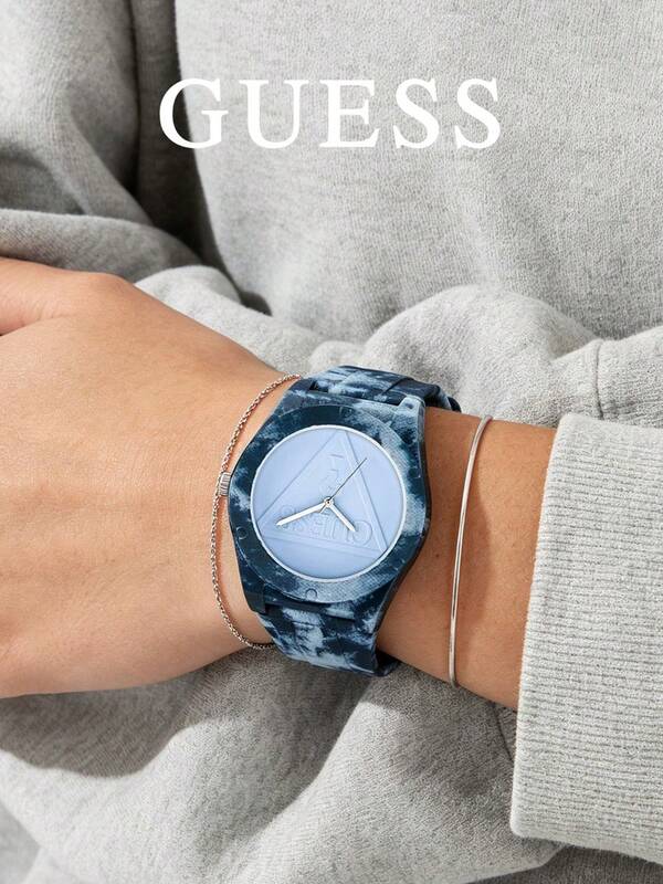 GUESS Model W0979L6 Baby Blue One-Piece Silicone Women's Quartz Watch, Embossed Inverted Triangle Brand Logo, 42mm Large Dial, Macaron Solid Color Casual Unisex Student Wristwatch, Birthday Gift