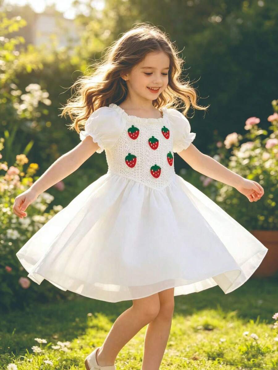 Vestido de niña de longitud hasta la rodilla, de unicolor, con mangas de princesa y dobladillo acampanado, con decoración de frutas en 3D, adecuado para primavera/verano - Blanco - Ver 1
