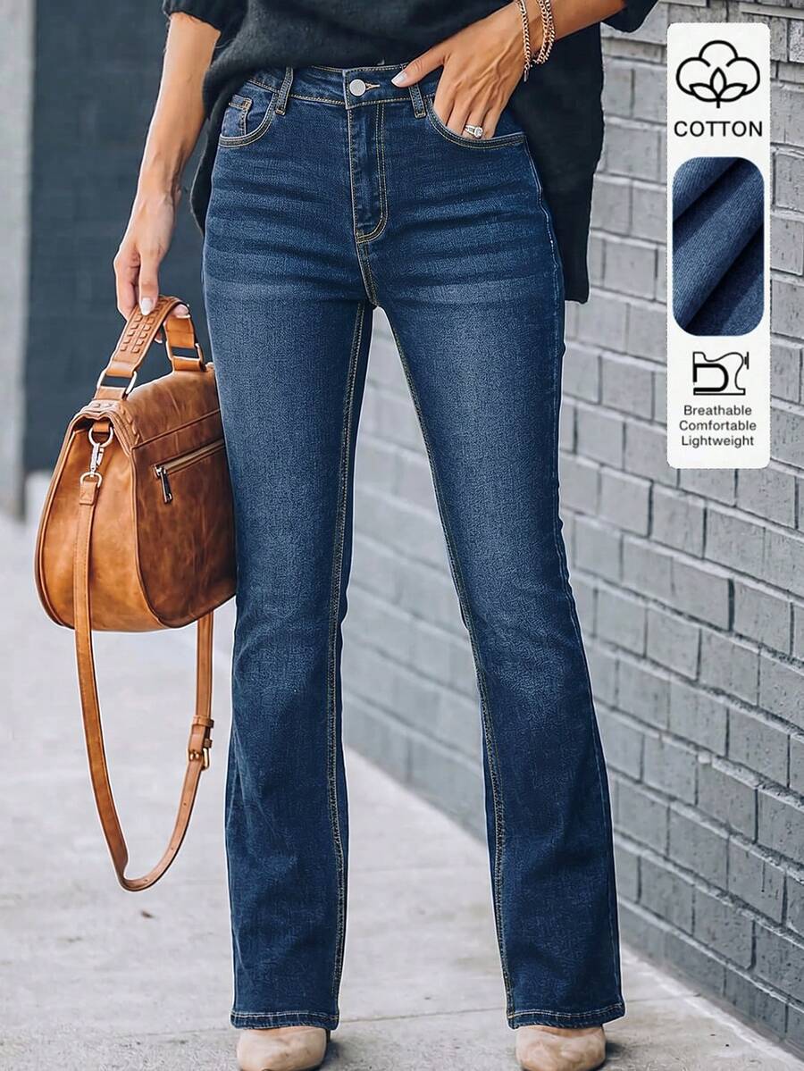 Celana Jeans Denim Cuci Kasual Serbaguna Musim Semi dan Gugur - Dark Wash - View 1