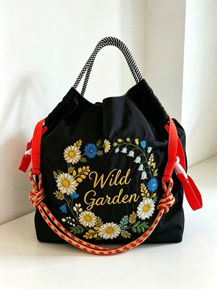 1件新款休閒刺繡花環圖案尼龍大容量可折疊購物袋,適合通勤、海灘、派對,可調節肩帶女款單肩斜挎托特包 - 彩色 - 查看 1