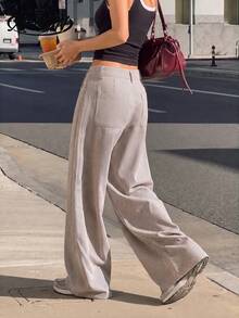 Women's Summer Vertical Striped High Waist Wide Leg Pants, Button Fly Side Seam Detail Loose Long Pants, Suitable For Daily, Office And Vacation - Brown - View 2