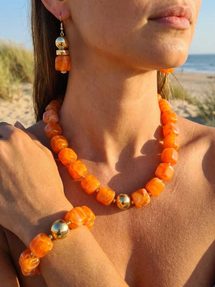 1/2pcs Summer Beach Vintage Orange Beaded Necklace Bracelet Earrings Heavy Exaggerated Jewelry Set Colorful Jewelry Suitable For Women's Daily Commute, Friends Gathering, Fashion Photography, Banquet Decoration, Vacation Decoration Charming Jewelry Gift - D Orange - View 1