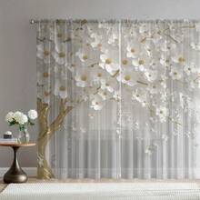 2 Stücke weiße & goldene Blumenmuster transparente Vorhänge, luxuriöse chinesische Stil Heimdekoration Vorhänge, Stangendurchzug, geeignet für Küche, Café, Restaurant, Balkon, Garten, Schlafzimmer, Vintage Raum Vorhänge, Landhausstil Vorhänge, 2D Flachdruck - Verschiedenfarbig - Übersicht 9