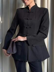 Women's Elegant New Chinese Style Stand Collar Frog Button Waist-Cinching Jacket (With Shoulder Pads) Solid Color Versatile Commute Office Daily Date - Black - View 4