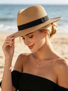 1pc Women's Raffia Woven Fedora Hat, Medium Brim UV Protection Sun Hat With Black Satin Ribbon Decor, Beach Vacation French Coastal Style Summer Headwear - Multicolor - View 1