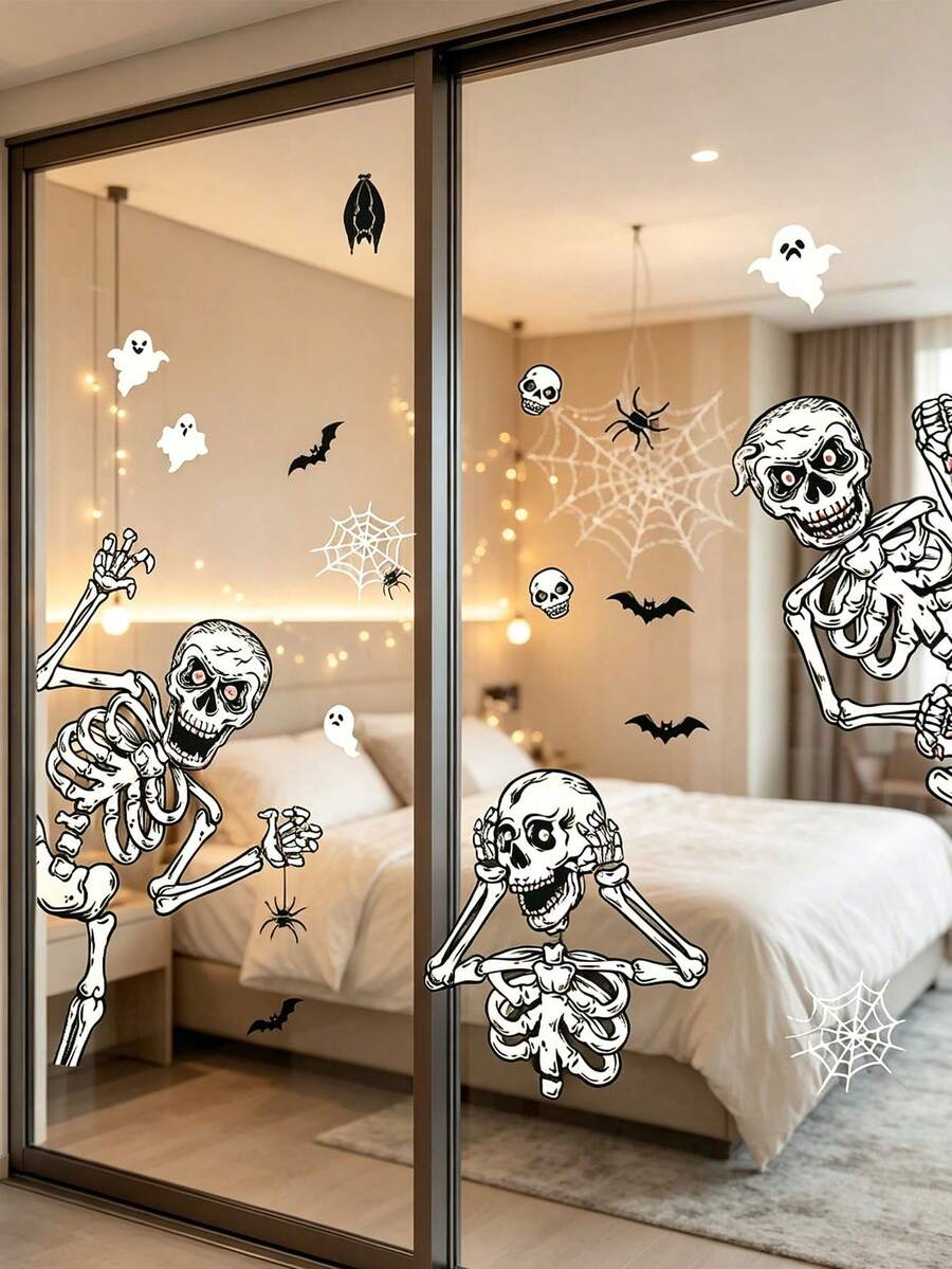 4pcs-Halloween Skeleton Window Clings - PVC Static Cling Decals-Adhesive Double-Sided Halloween Stickers Adjustable Scary Spider Bat Skeleton And Ghost For Windows Haunted House Party Decor, Home, Bedroom, Glass Wall Decorations - A - View 1