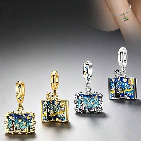 Colgante de libro con diseño de noche estrellada, con esmalte & circonita cúbica, colgante de cuentas de dos tonos compatible con pulsera y collar de cadena de serpiente