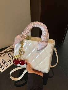 時尚新款女款手提包 純色極簡 PU 小方包 優雅知性 高端百搭 精緻包款 附圍巾與櫻桃吊飾 情人節禮物 - 白色 - 查看 9