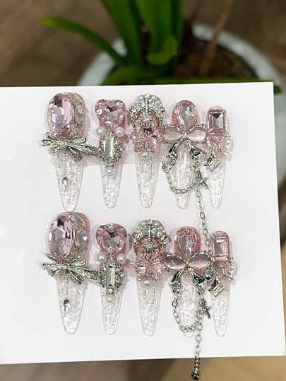 Bộ 10 miếng dán móng tay ép thủ công phong cách Y2K hình gót cao, màu hồng gel, trang trí đá rhinestone lấp lánh và nơ, phù hợp cho tiệc tùng, dạ hội và đeo hàng ngày, dành cho phụ nữ và bé gái, trang trí móng thủ công