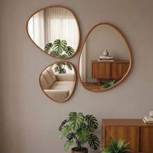 Kit 3 Espelhos Decorativo Organico Borda de Couro Várias Cores Moderno Para Escritorio Sala Quarto Banheiro + Pendurador - Trio Borda Caramelo - Visão 2