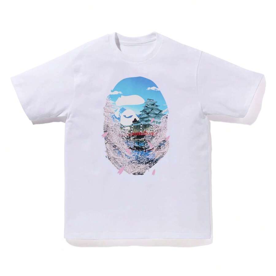 B.APE TEE Retro Worn Texture A.Pe Print Oversized Shirts Summer Daily Basic Tops - White - View 1