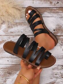 Women's Black Multi-Strap Toe Flat Sandals, Minimalist Open Toe Summer Casual Daily Outdoor Slippers - Black - View 1