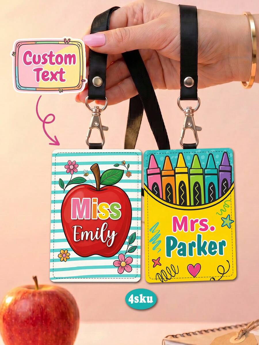 1pc Custom Personalized Teacher Badge Holder, Leather ID Card Holder With Custom Name, School Staff Badge Holder, Teacher Gift - Multicolor - View 1