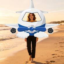 1pc Blue And White Cartoon Airplane Hollow Background Cloth, White And Blue Airplane Design, Birthday Party Interactive Photo Prop, Aviation Science Lesson Decoration, Aviation Theme Exhibition Photo Spot, Parent-Child Fun - Blue and White Airplane - View 5