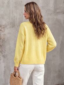 Women's Early Fall V-Neck Solid Color Soft Lazy Loose Single-Breasted Long Sleeve Knit Cardigan Daily Tea Time Commute Outing Layering Versatile Basic - Yellow - View 3