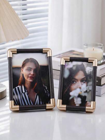 1pc 3-Color Wooden Photo Frame With Metal Gold Corner Decoration, Natural/Walnut/Black Wood Color Options, Fits 6" And 7" Photos, Dual Wall-Mount And Tabletop Function. Suitable For Couple Portrait Photos Taken At Weddings, Graduation Ceremonies And Other Occasions, A Choice Of Modern Luxury And Elegant Style Photo Frame. Suitable For Minimalist Luxury Decor Style In Bedroom, Living Room, Office Or Apartment, Also A Great Gift For Celebrating Wedding Anniversary, Graduation, Housewarming Or Birthday Occasions: