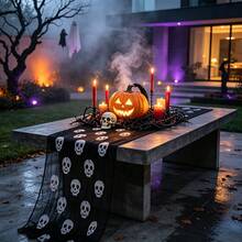 Halloween Pumpkin Table Centerpiece With Skull Tablecloth, Spooky Candle Holder And Pumpkin Lantern Decor, Suitable For Outdoor Patio, Halloween Party Venue And Home Decoration - Black - View 1