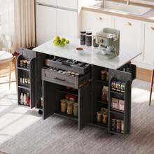 Mobile Kitchen Island Cart With Foldable Tabletop, Rolling Storage Trolley With Adjustable Shelves, Double Door Cabinets And 2 Drawers, Kitchen Storage Island With Towel Rack And Spice Rack For Dining Room, White, 129 X 46 (71) X 91 Cm - Grey - View 4