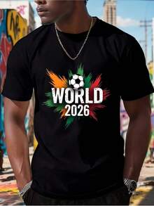 Herren Fußball-WM 2026 T-Shirt mit Pinselstrich-Druck, lässiges Kurzarm-Rundhals-Sommer-T-Shirt mit globalem Fußball-Design, maschinenwaschbar, für Fans - Schwarz - Übersicht 7