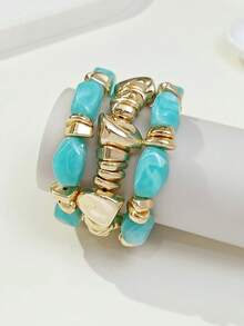 3pcs/Set Fashionable Vintage Thick Multicolor Asymmetrical Acrylic Beaded Bracelet Set, Suitable For Women, Daily Wear, Gift For Friends And Family - Multicolor - View 3