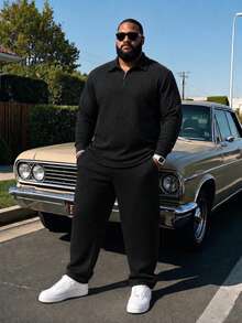 Plus Size Men's Autumn Textured Fabric Long Sleeve Polo Shirt And Pants Casual Set, Solid Color Minimalist Plus Size Outfit - Black - View 4