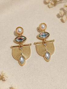 1 Pair Vintage Elegant Geometric Moonstone & Pearl Design Pendant Earrings, Suitable For Women's Daily, Party, Travel Wear Jewelry Gift - Yellow Gold - View 6