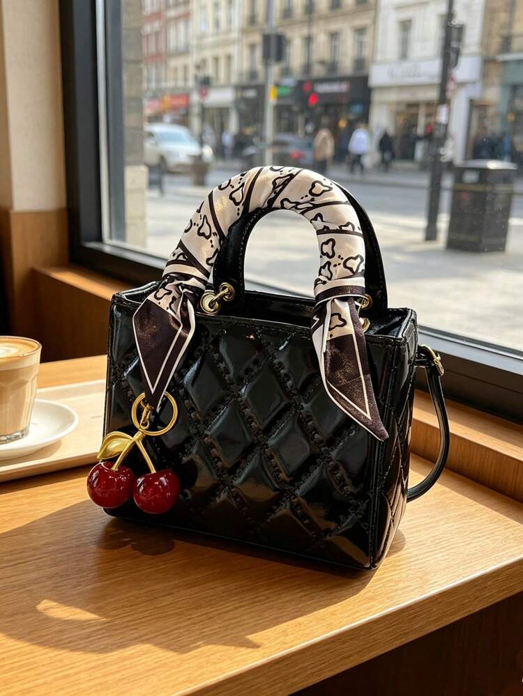 Fashionable New Women's Handbag Solid Color Minimalist PU Small Square Bag Elegant Sophisticated High-End Versatile Suitable For Dating Shopping Exquisite Bag With Silk Scarf And Cherry Pendant Valentine's Day Gift - Black - View 3