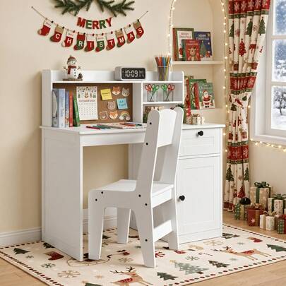 Lofka Kids Study Desk And Chair Set, Kids Study Desk With Hutch, Wooden Children Study Table With Storage Cabinet, Study Desk And Chair Set For Girls Boys,  White
