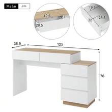 5-Drawer Desk, Dressing Table, Storage Function, For Bedroom, E1 Particle Board, White+Oak - 白色 - 查看 5