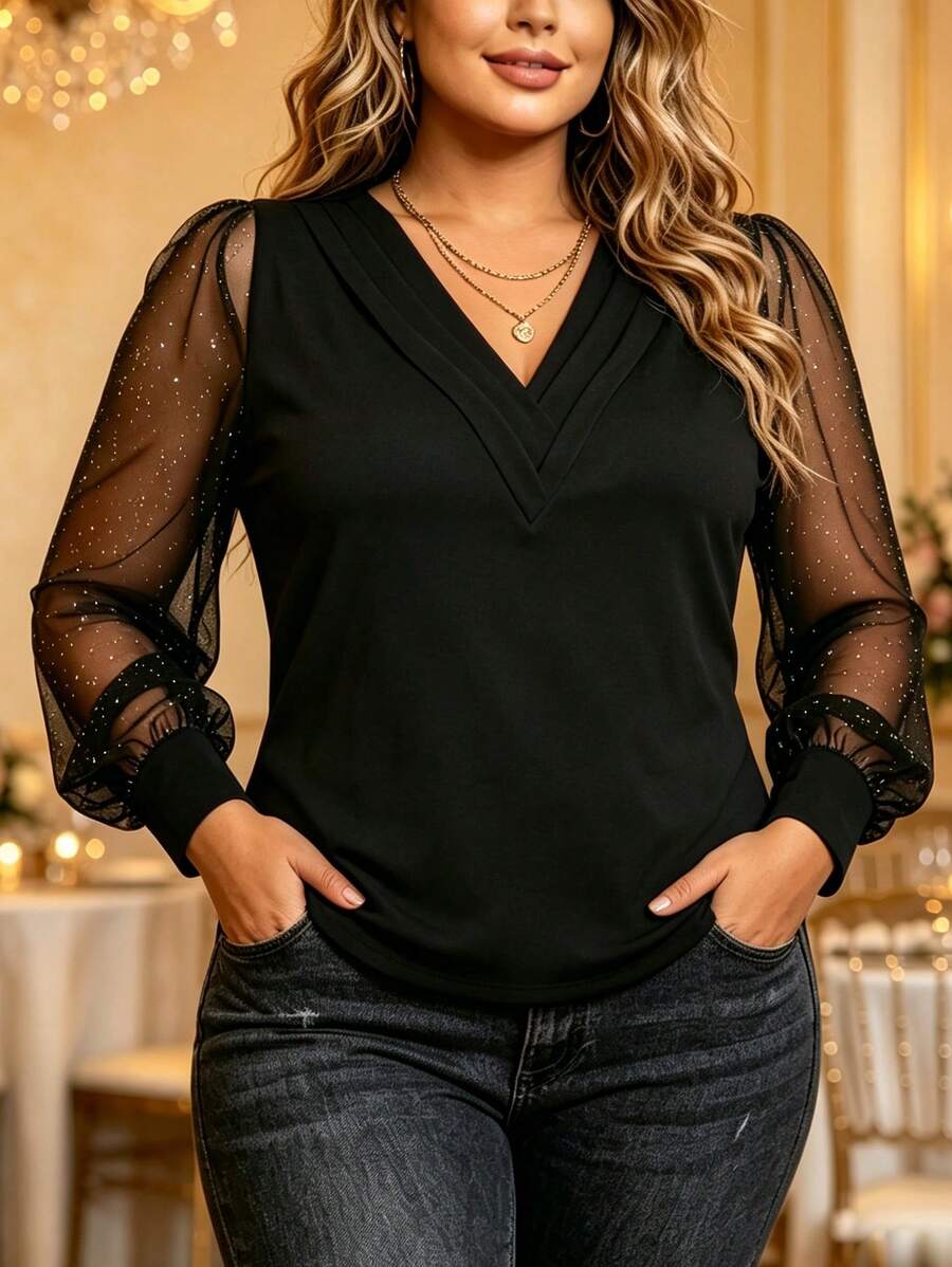 Plus Size Women's V-Neck Mesh Long Sleeve T-Shirt, Casual Summer/Autumn Top - Black - View 1