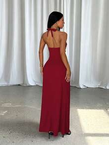 Summer, Party Elegant Dress, Sexy Pleated Slit Wedding Guest Dress, Women's Vacation Wear, Beach, Festival, Back To School - Burgundy - View 5