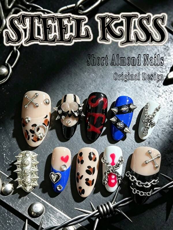 10 piezas de uñas postizas cortas con estampado de cebra y leopardo en blanco y negro, combinación de colores de estampado animal original con corazones de strass rosa, tachuelas, cruz y otros accesorios, adecuadas para la vida diaria de las mujeres, citas, fiestas y otras ocasiones