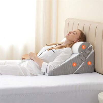 3-In-1 Memory Foam Wedge Pillow Set – Adjustable Incline Support For Acid Reflux Relief, Gentle Head & Upper Body Elevation, Snoring Comfort, Back Support, And Leg (Leg Elevation); Soft Grey Design With Removable, Machine-Washable Cover; Contoured Sh