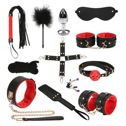 Set de bondage para cama BDSM con restricciones de cuero, juegos para adultos, esposas, grilletes para tobillos, látigo, mordaza, pinzas para pezones, accesorios eróticos anales y para glúteos, juguete sexual para parejas, producto SM